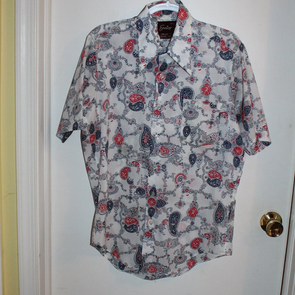 Vintage Enrico Men's Button Up Shirt- Short Sleeve - Blue and Red Paisley Print
